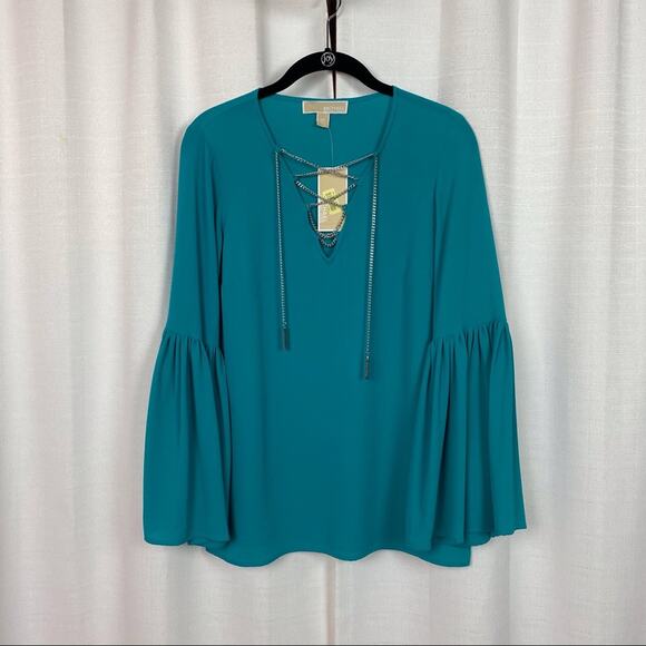 Michael Kors Tile Blue Bell Sleeve Chain Detail Blouse Sz.XS NWT - Picture 1 of 10